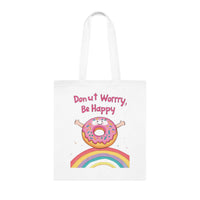 Donut Worry Be Happy Tote Bag – White Canvas, Long Handle(38cm x 40cm)