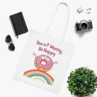 Donut Worry Be Happy Tote Bag – White Canvas, Long Handle(38cm x 40cm)