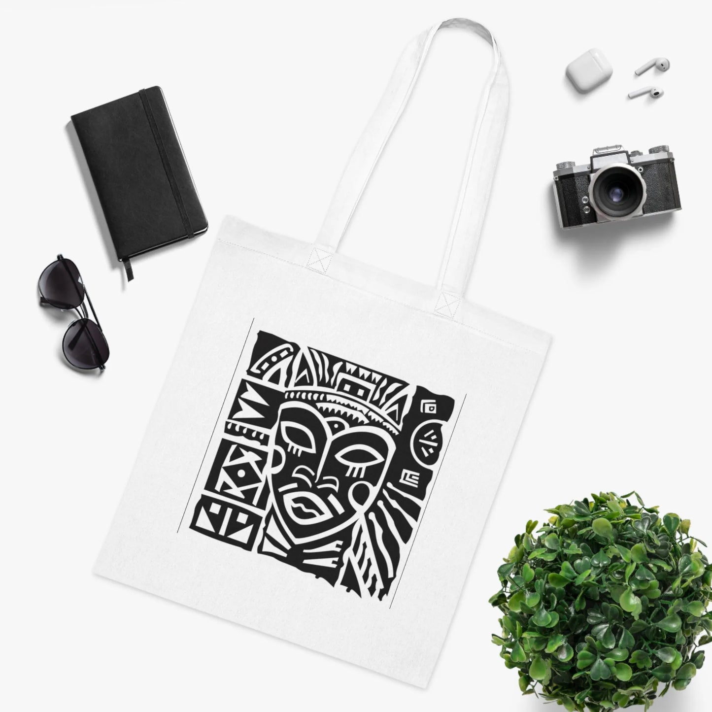 Tribal Warrior Tote Bag – White Canvas, Long Handle (38cm x 40cm)