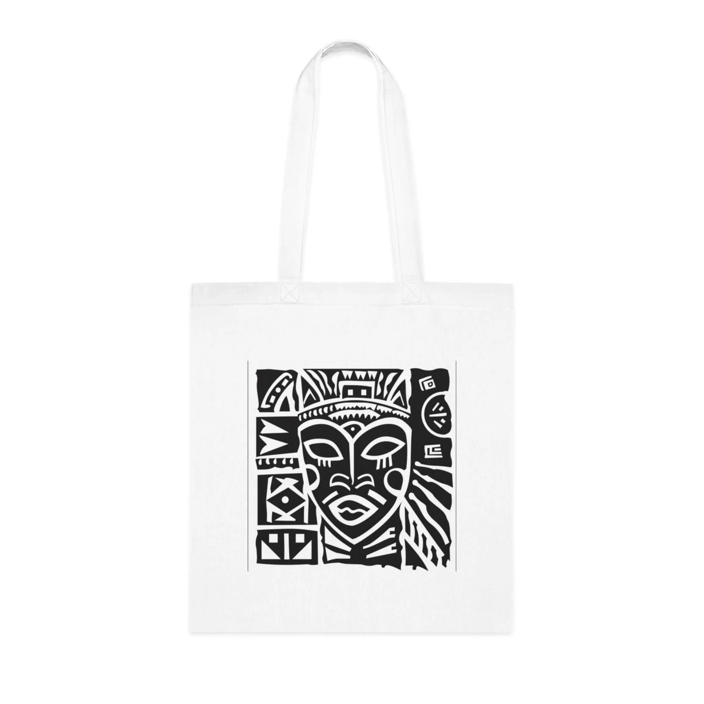 Tribal Warrior Tote Bag – White Canvas, Long Handle (38cm x 40cm)