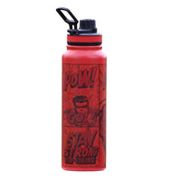 Superhero Comic Water Bottle – 1L Red Stainless Steel, “POW! GO! STAY STRONG” Print – BPA-Free Insulated Flask for Gym, Fitness & Everyday Use – Leakproof Bottle for Men & Boys