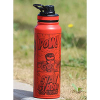 Superhero Comic Water Bottle – 1L Red Stainless Steel, “POW! GO! STAY STRONG” Print – BPA-Free Insulated Flask for Gym, Fitness & Everyday Use – Leakproof Bottle for Men & Boys