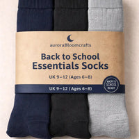 Back to School Essentials Socks – Kids Crew Socks (Navy, Grey & Black Pack) - Aurora Bloom Crafts