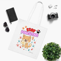 Stay Pawsitive Dog Tote Bag – White Canvas, Long Handle (38cm x 40cm)