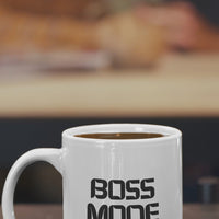White ceramic mug with 'BOSS MODE' text and switch illustration, perfect for professionals and gifts.