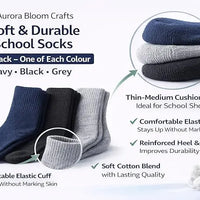 Kids School Socks 3 Pair Pack – Soft, Durable & Reinforced Crew Socks (Navy, Black & Grey)