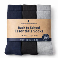 Back to School Essentials Socks – Kids Crew Socks (Navy, Grey & Black Pack) - Aurora Bloom Crafts