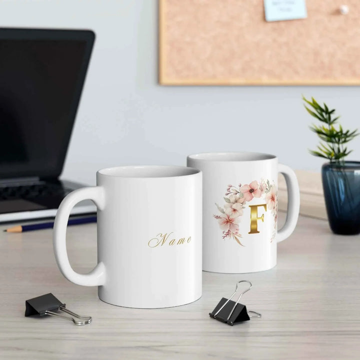 Personalized Floral Initial Mug with Elegant Gold Lettering - Customizable Gift