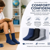 Kids School Socks 3 Pair Pack – Soft, Durable & Reinforced Crew Socks (Navy, Black & Grey)