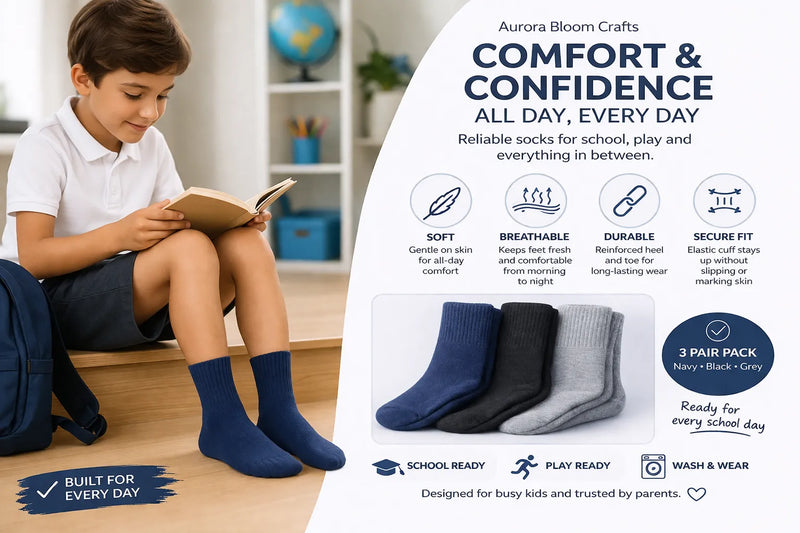 Kids School Socks 3 Pair Pack – Soft, Durable & Reinforced Crew Socks (Navy, Black & Grey)