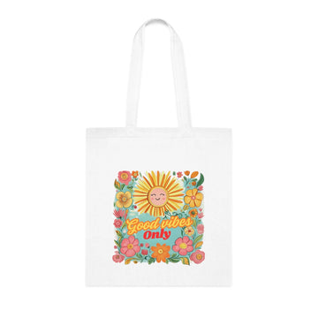 Good Vibes Only Tote Bag – White Canvas, Long Handle (38cm x 40cm)