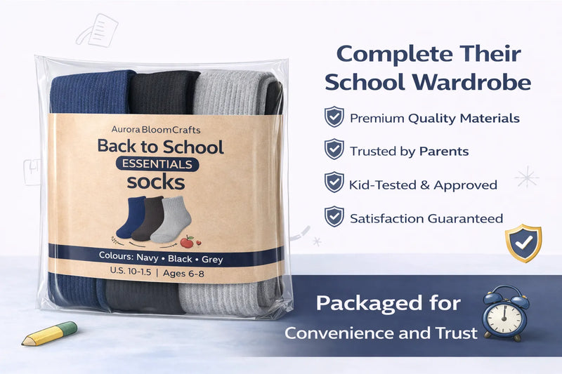 Kids School Socks 3 Pair Pack – Soft, Durable & Reinforced Crew Socks (Navy, Black & Grey)