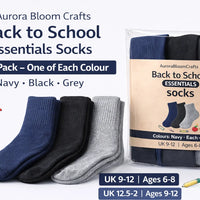 Kids School Socks 3 Pair Pack – Soft, Durable & Reinforced Crew Socks (Navy, Black & Grey)