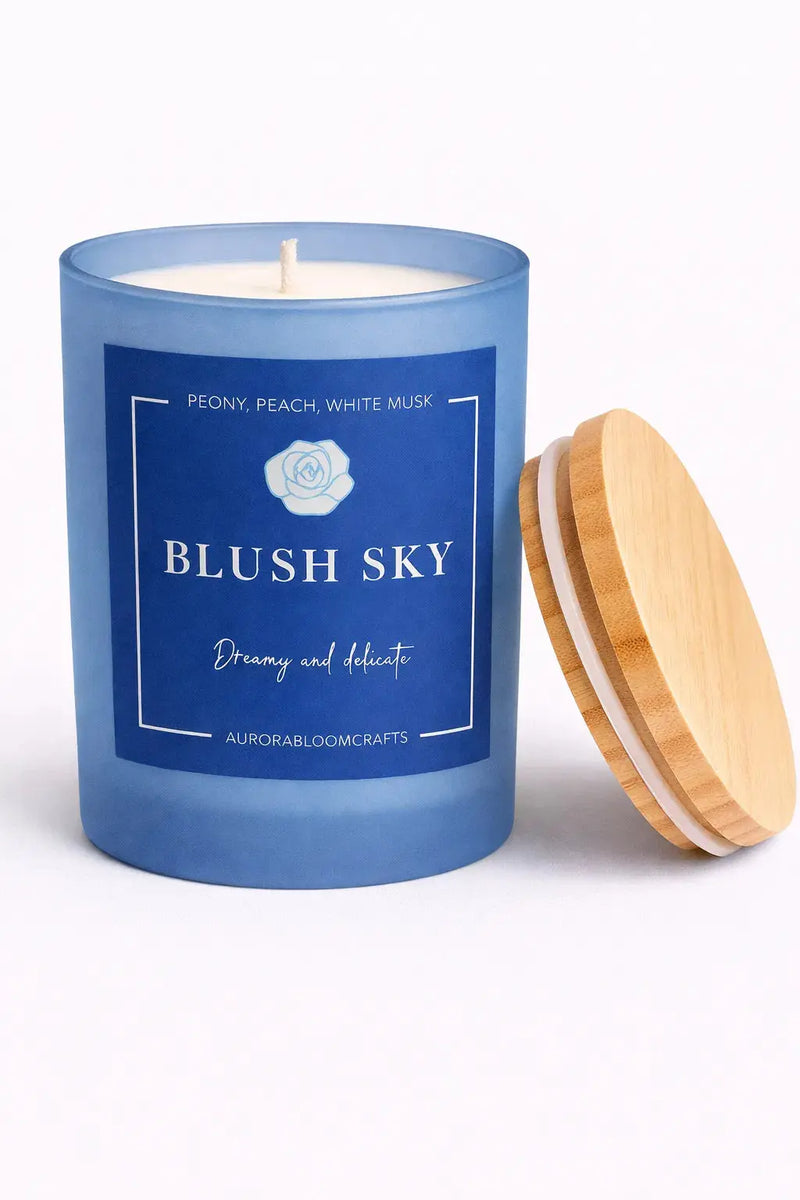Blush Sky Luxury Scented Candle | Hand-Poured Soy Wax with Wooden Lid - Aurora Bloom Crafts