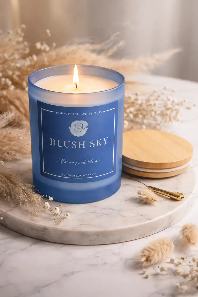 Blush Sky Luxury Scented Candle | Hand-Poured Soy Wax with Wooden Lid - Aurora Bloom Crafts
