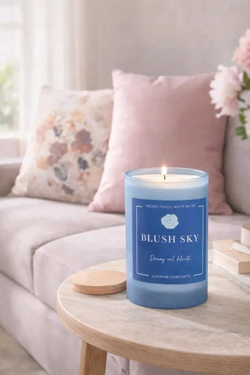 Blush Sky Luxury Scented Candle | Hand-Poured Soy Wax with Wooden Lid - Aurora Bloom Crafts
