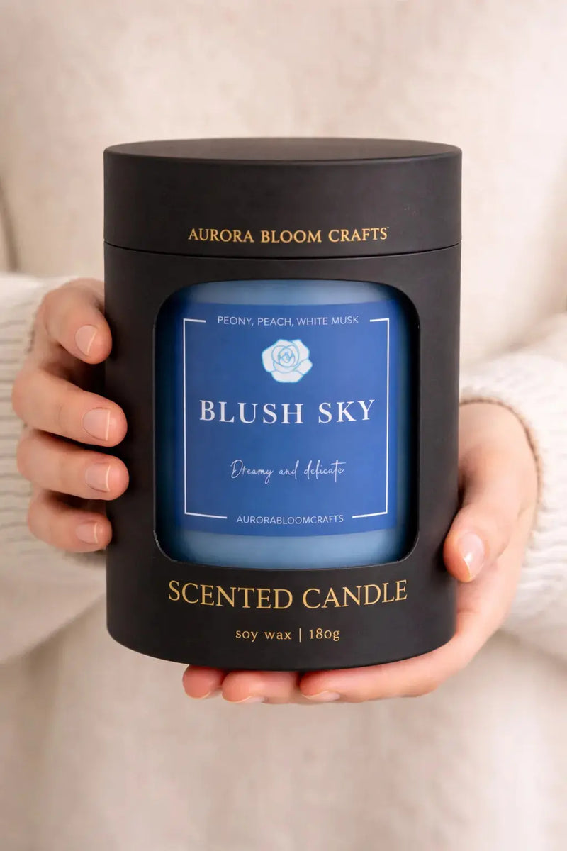 Blush Sky Luxury Scented Candle | Hand-Poured Soy Wax with Wooden Lid - Aurora Bloom Crafts