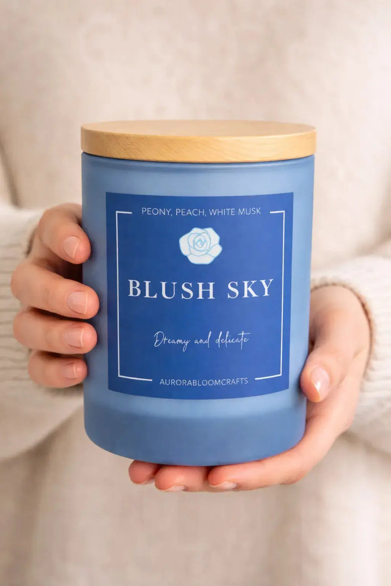 Blush Sky Luxury Scented Candle | Hand-Poured Soy Wax with Wooden Lid - Aurora Bloom Crafts