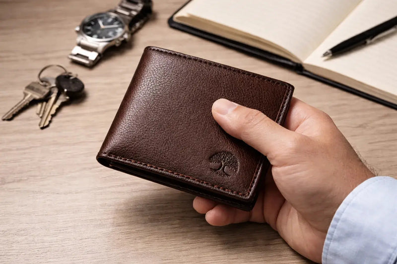 Men’s Leather Wallet | Slim Bifold with ID Window – Tree of Life - Aurora Bloom Crafts