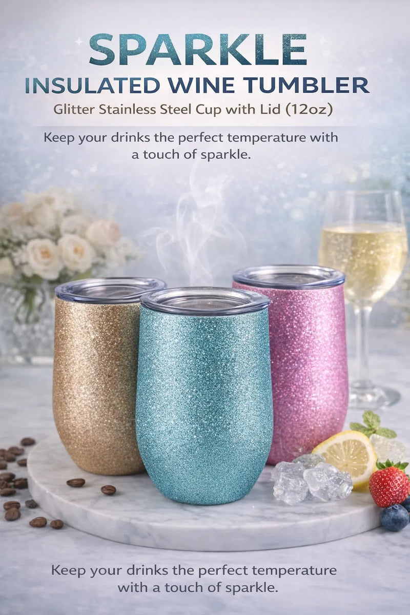 Sparkle Insulated Wine Tumbler – Glitter Stainless Steel Cup with Lid (12oz)