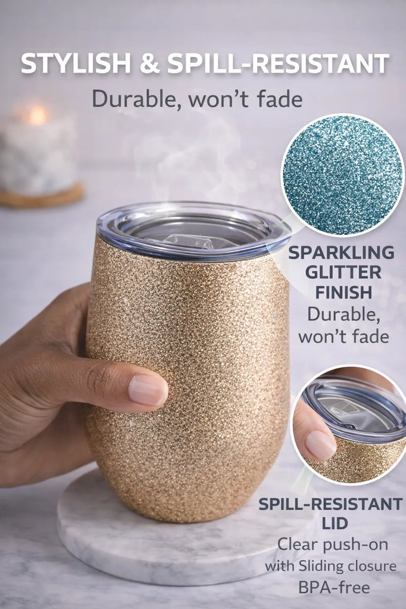 Sparkle Insulated Wine Tumbler – Glitter Stainless Steel Cup with Lid (12oz)