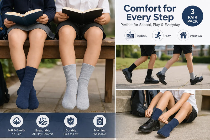 Kids School Socks 3 Pair Pack – Soft, Durable & Reinforced Crew Socks (Navy, Black & Grey)