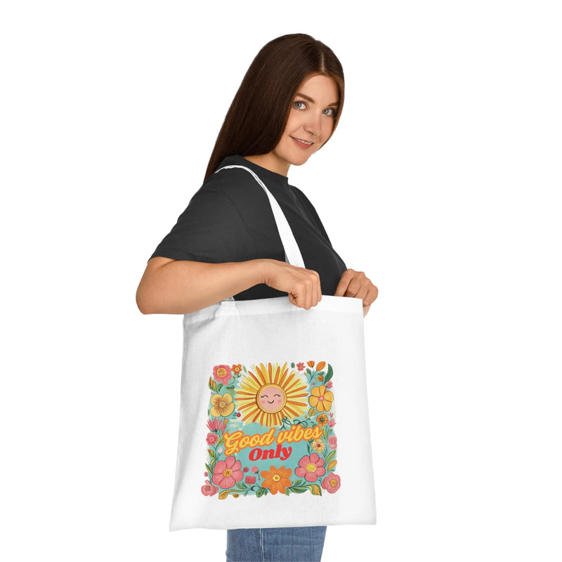 Good Vibes Only Tote Bag – White Canvas, Long Handle (38cm x 40cm)
