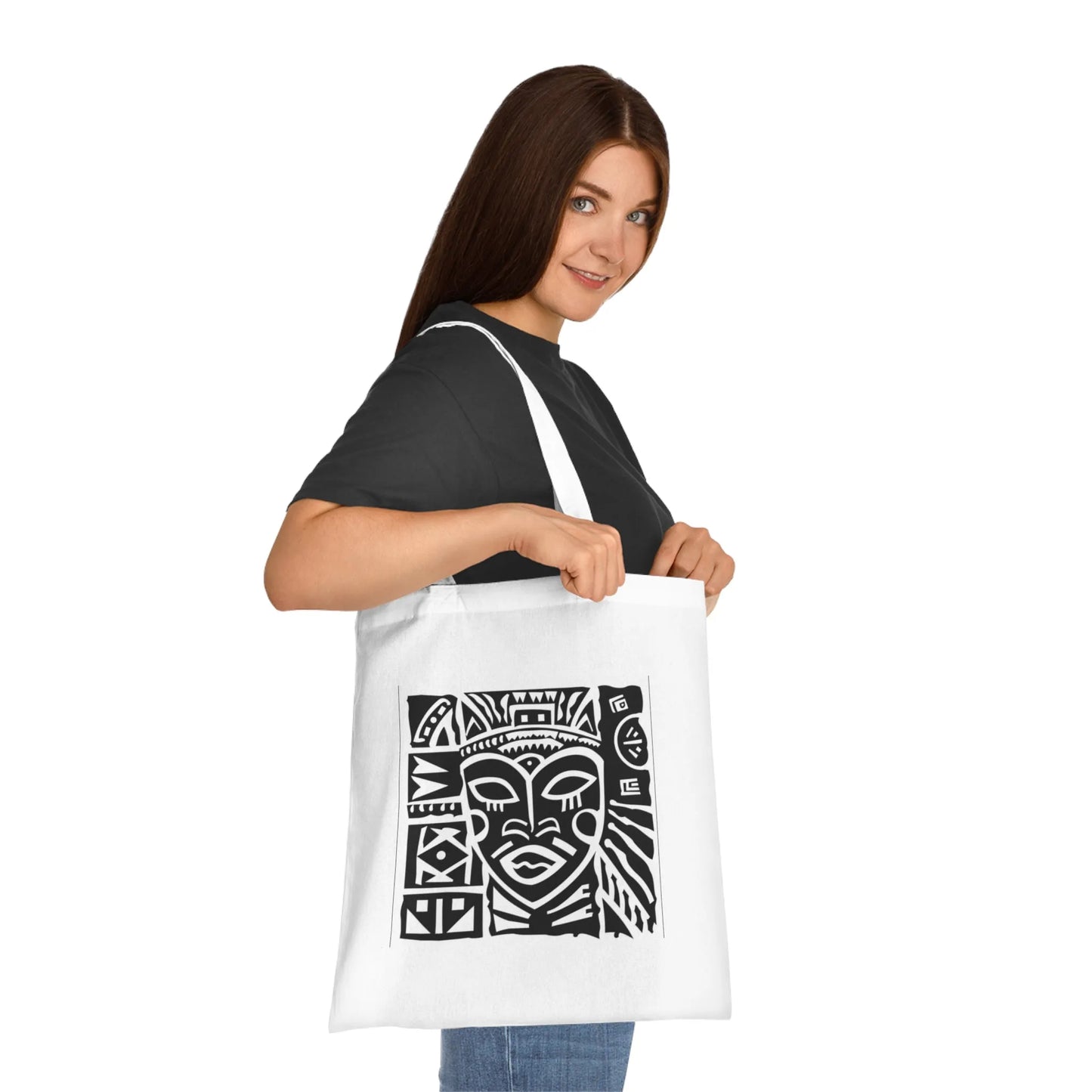 Tribal Warrior Tote Bag – White Canvas, Long Handle (38cm x 40cm)