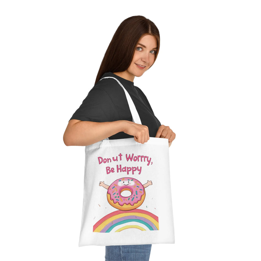 Donut Worry Be Happy Tote Bag – White Canvas, Long Handle(38cm x 40cm)