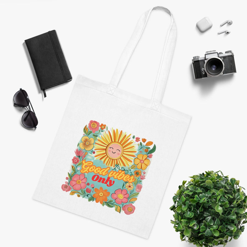 Good Vibes Only Tote Bag – White Canvas, Long Handle (38cm x 40cm)