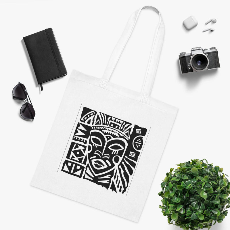 Tribal Warrior Tote Bag – White Canvas, Long Handle (38cm x 40cm)