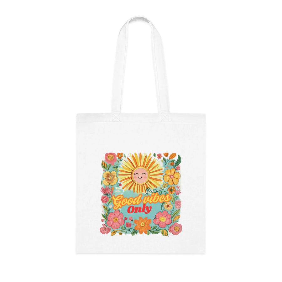 Good Vibes Only Tote Bag – White Canvas, Long Handle (38cm x 40cm)