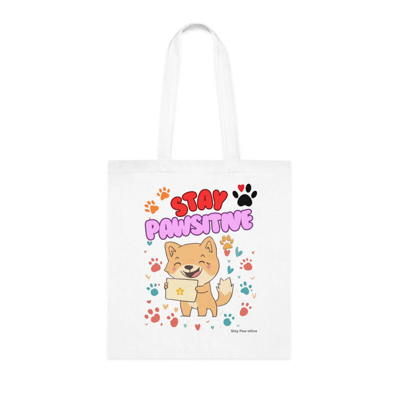 Stay Pawsitive Dog Tote Bag – White Canvas, Long Handle (38cm x 40cm)