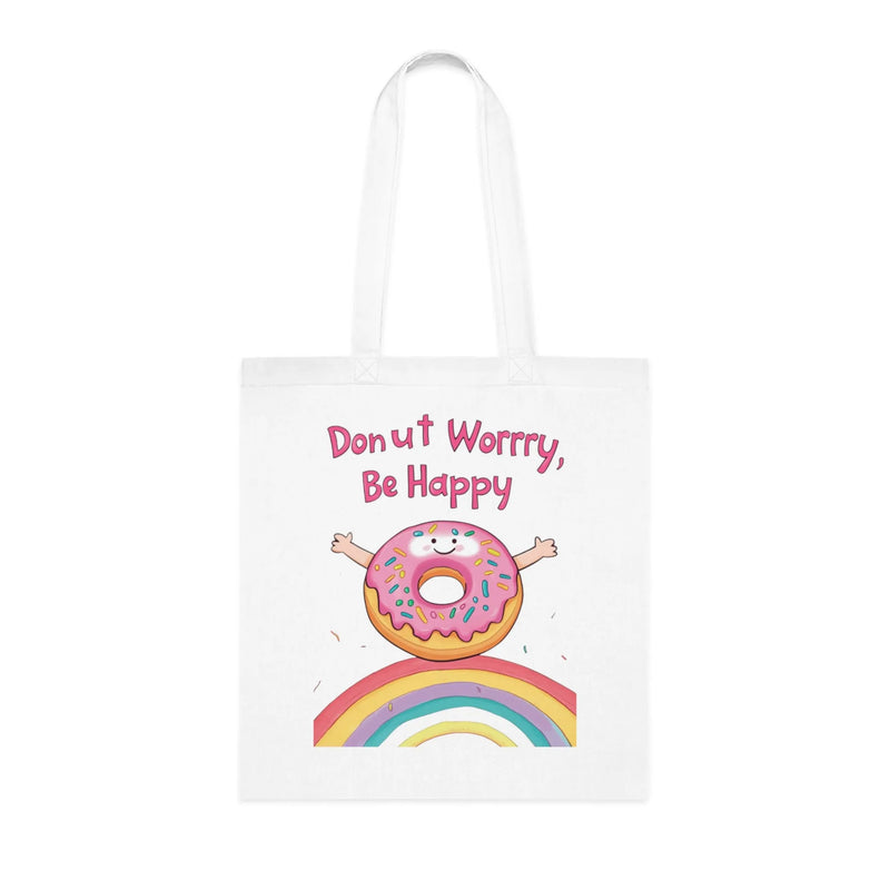 Donut Worry Be Happy Tote Bag – White Canvas, Long Handle(38cm x 40cm)