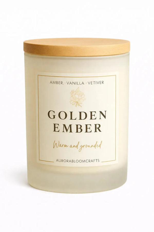 Golden Ember Luxury Scented Candle | Hand-Poured Soy Wax with Wooden Lid - Aurora Bloom Crafts
