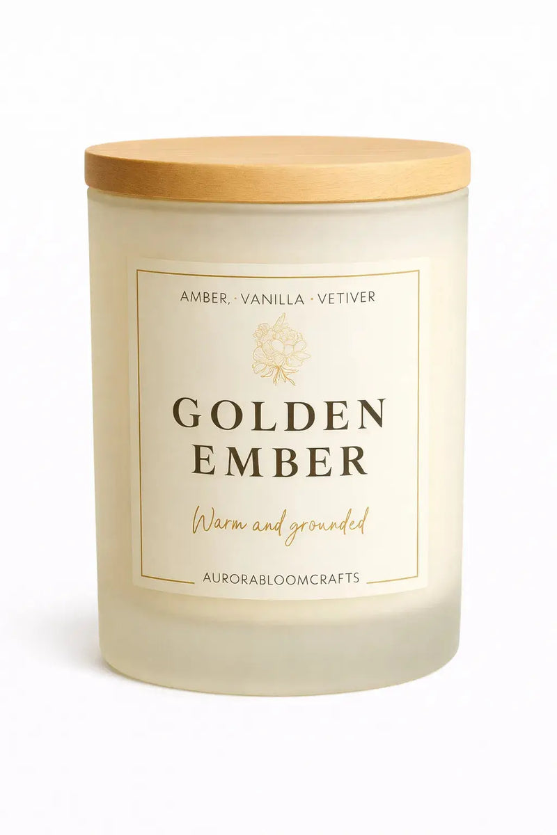 Golden Ember Luxury Scented Candle | Hand-Poured Soy Wax with Wooden Lid - Aurora Bloom Crafts