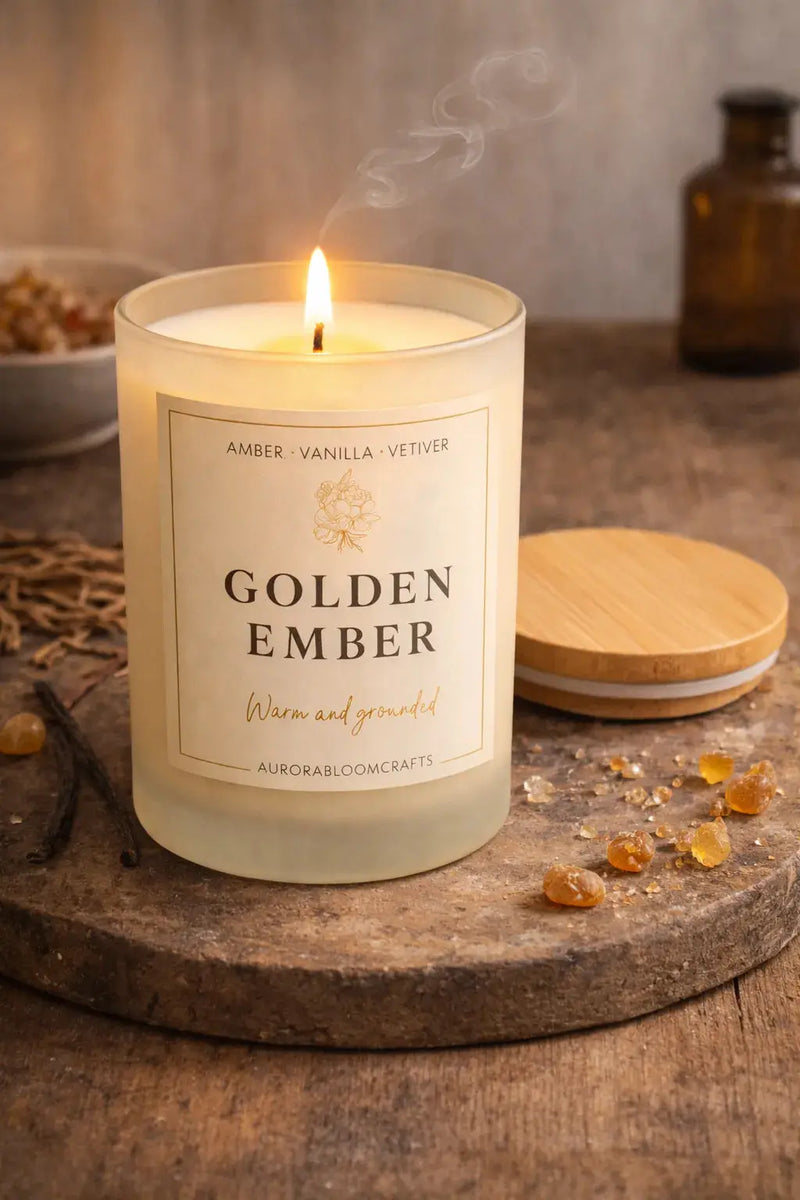 Golden Ember Luxury Scented Candle | Hand-Poured Soy Wax with Wooden Lid - Aurora Bloom Crafts