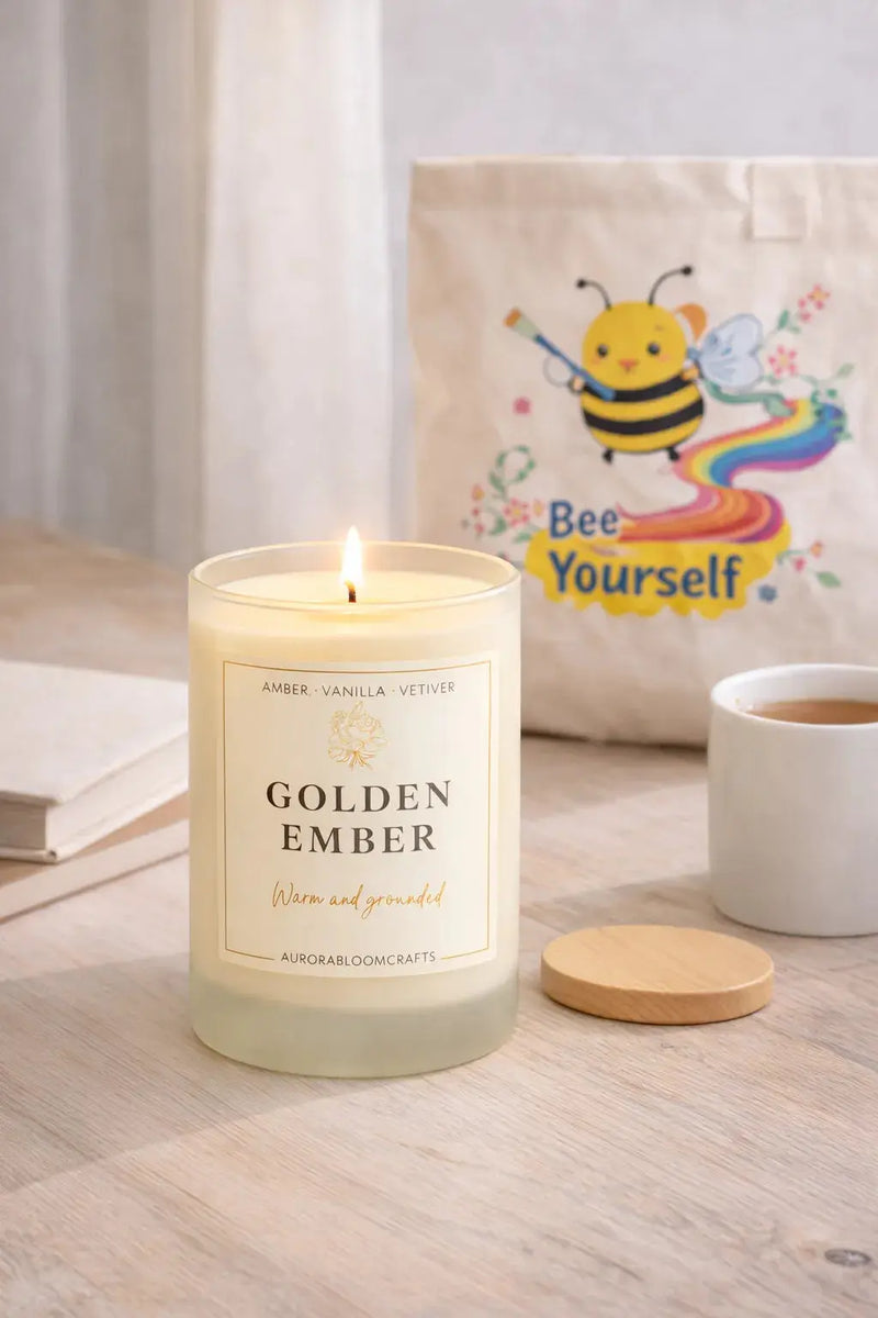 Golden Ember Luxury Scented Candle | Hand-Poured Soy Wax with Wooden Lid - Aurora Bloom Crafts