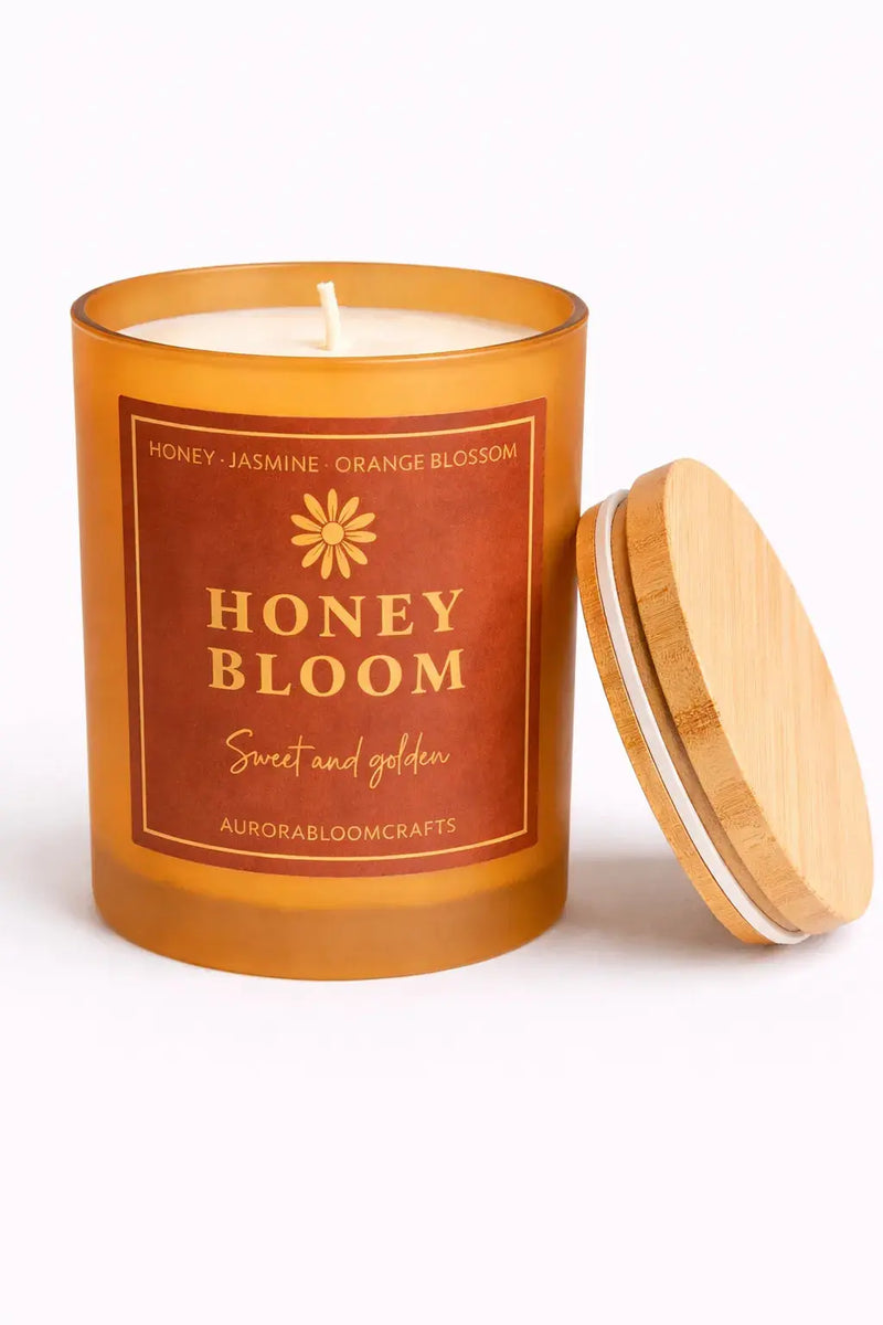 Honey Bloom Luxury Scented Candle | Hand-Poured Soy Wax with Wooden Lid - Aurora Bloom Crafts