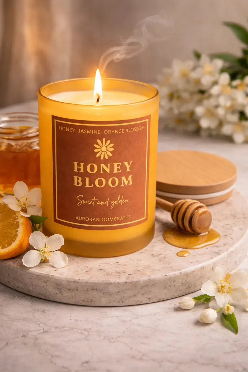 Honey Bloom Luxury Scented Candle | Hand-Poured Soy Wax with Wooden Lid - Aurora Bloom Crafts