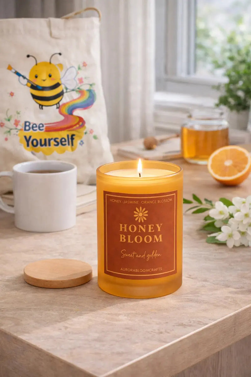 Honey Bloom Luxury Scented Candle | Hand-Poured Soy Wax with Wooden Lid - Aurora Bloom Crafts