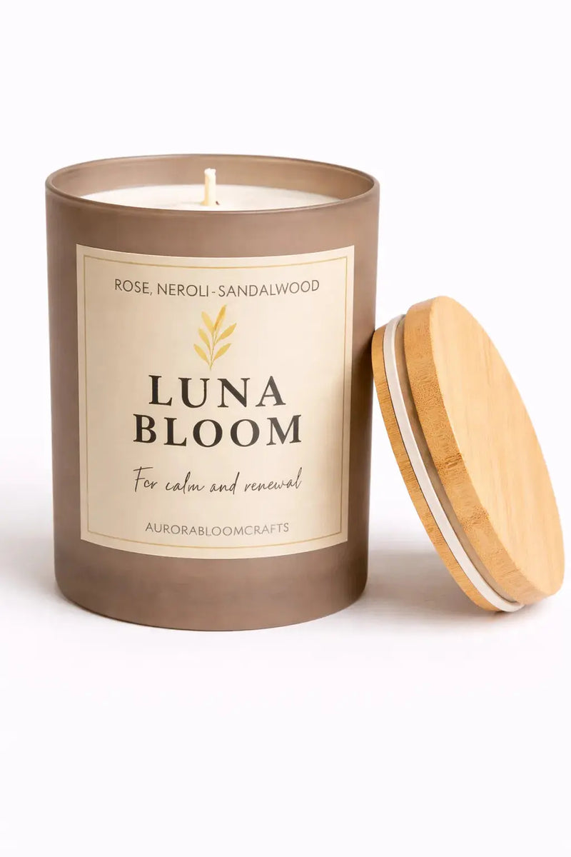 Luna Bloom Luxury Scented Candle | Hand-Poured Soy Wax with Wooden Lid - Aurora Bloom Crafts