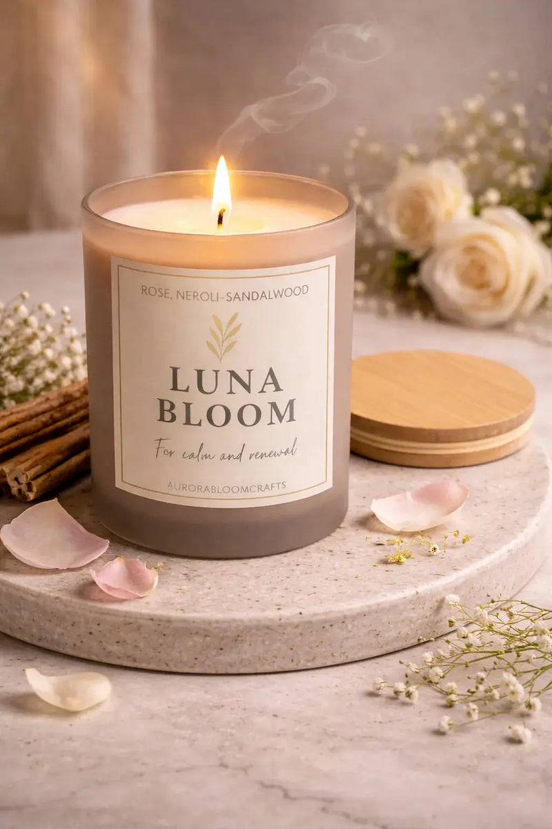 Luna Bloom Luxury Scented Candle | Hand-Poured Soy Wax with Wooden Lid - Aurora Bloom Crafts