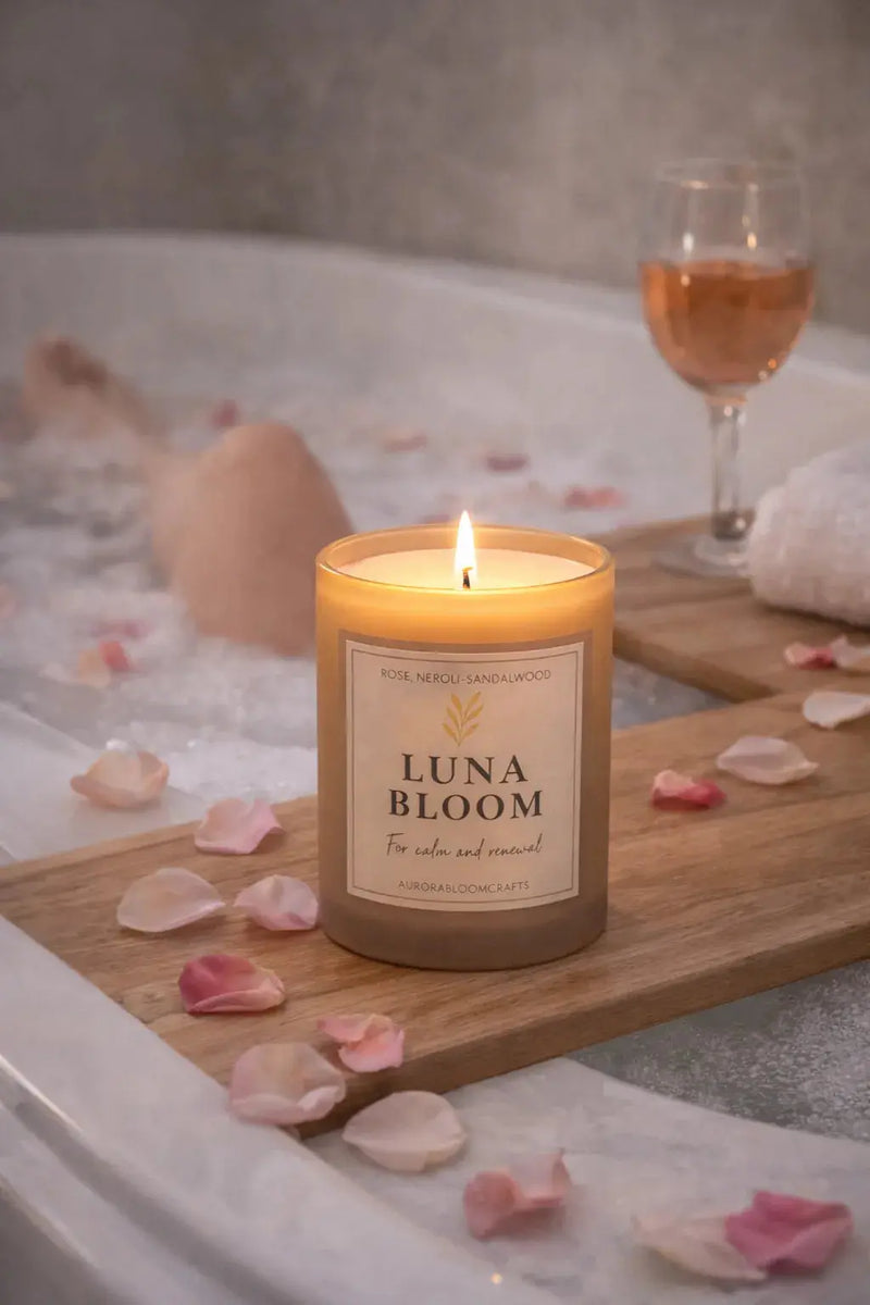Luna Bloom Luxury Scented Candle | Hand-Poured Soy Wax with Wooden Lid - Aurora Bloom Crafts