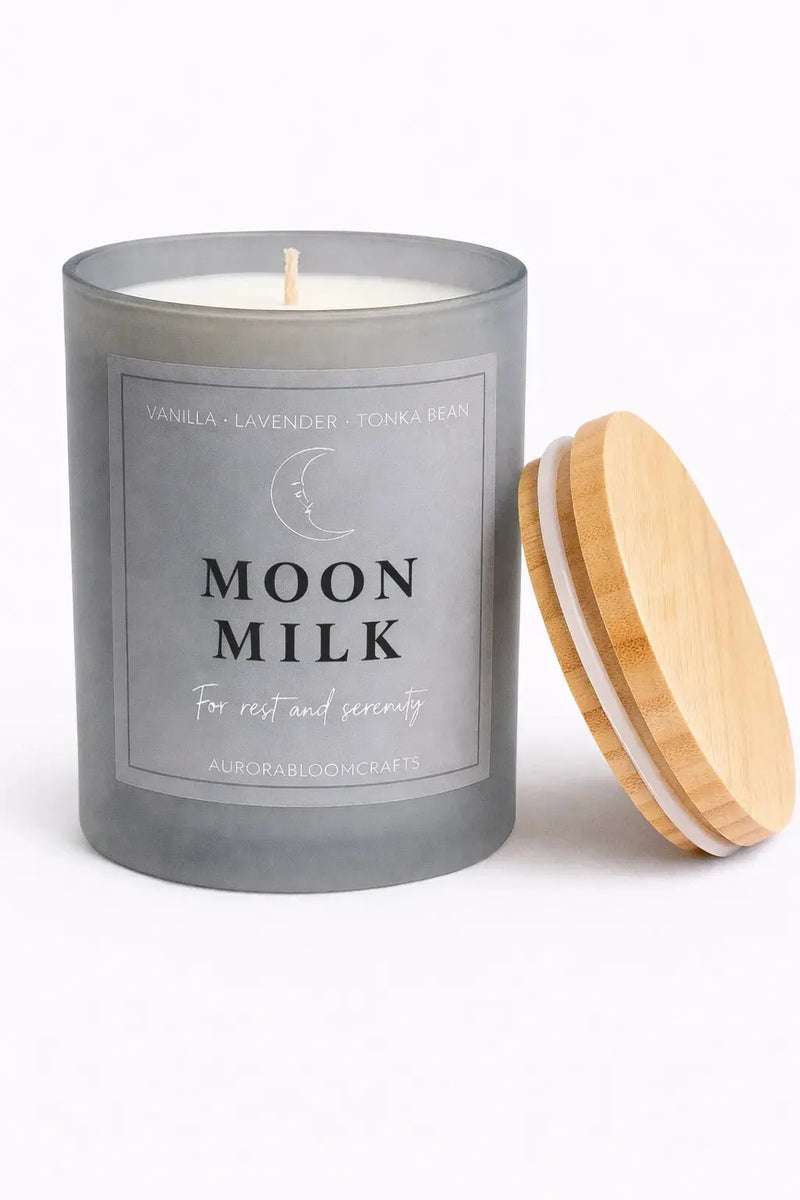 Moon Milk Luxury Scented Candle | Hand-Poured Soy Wax with Wooden Lid - Aurora Bloom Crafts