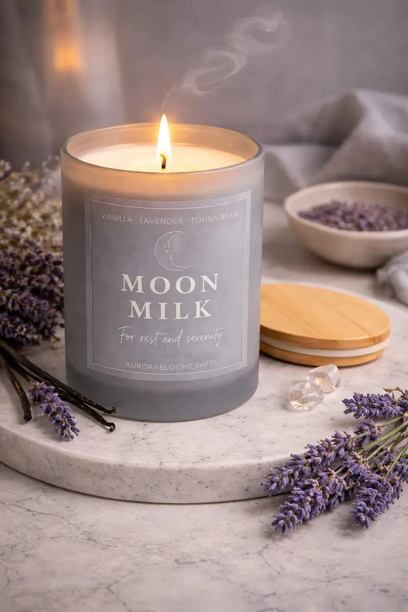 Moon Milk Luxury Scented Candle | Hand-Poured Soy Wax with Wooden Lid - Aurora Bloom Crafts