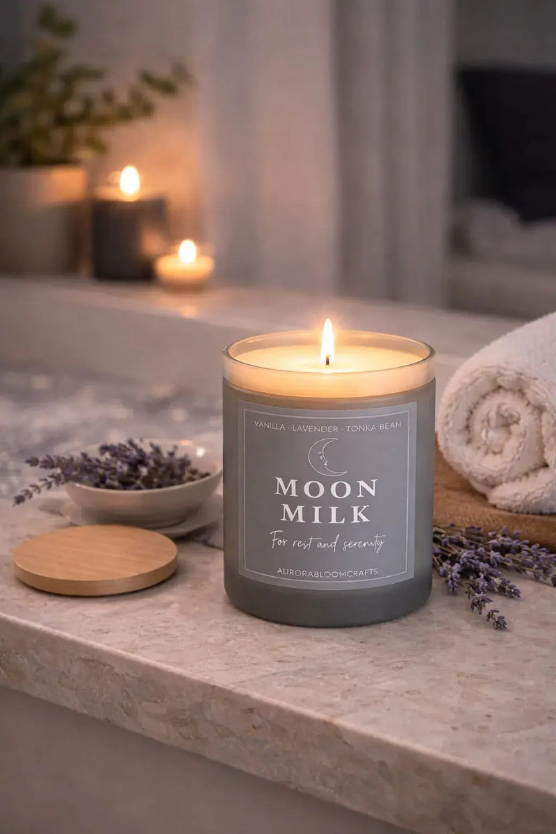 Moon Milk Luxury Scented Candle | Hand-Poured Soy Wax with Wooden Lid - Aurora Bloom Crafts