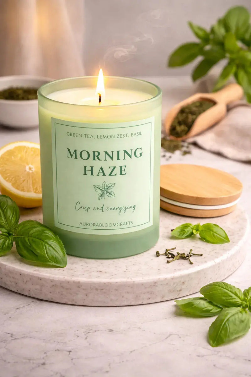 Morning Haze Luxury Scented Candle | Hand-Poured Soy Wax with Wooden Lid - Aurora Bloom Crafts