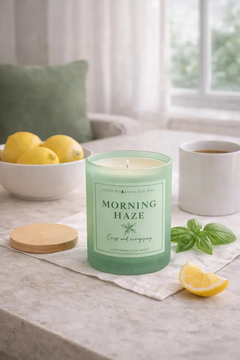 Morning Haze Luxury Scented Candle | Hand-Poured Soy Wax with Wooden Lid - Aurora Bloom Crafts