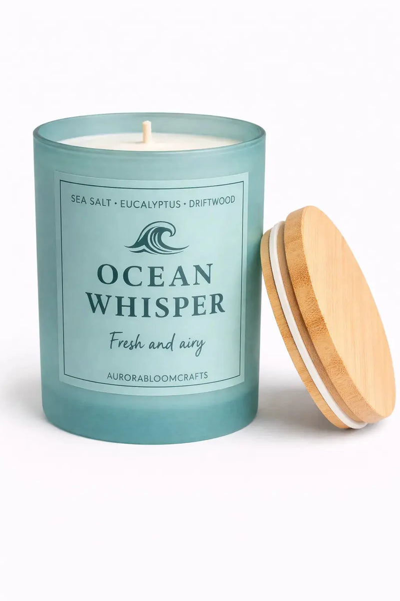 Ocean Whisper Luxury Scented Candle | Hand-Poured Soy Wax with Wooden Lid - Aurora Bloom Crafts
